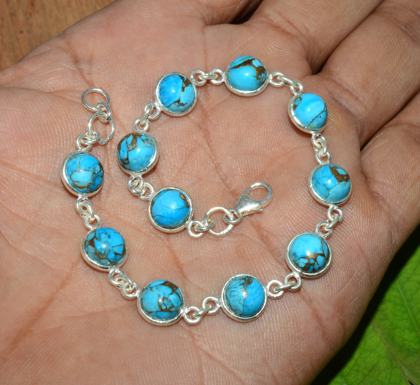 925 SOLID STERLING SILVER BLUE TURQUOISE HANDMADE BRACELET-7.6 INCH
