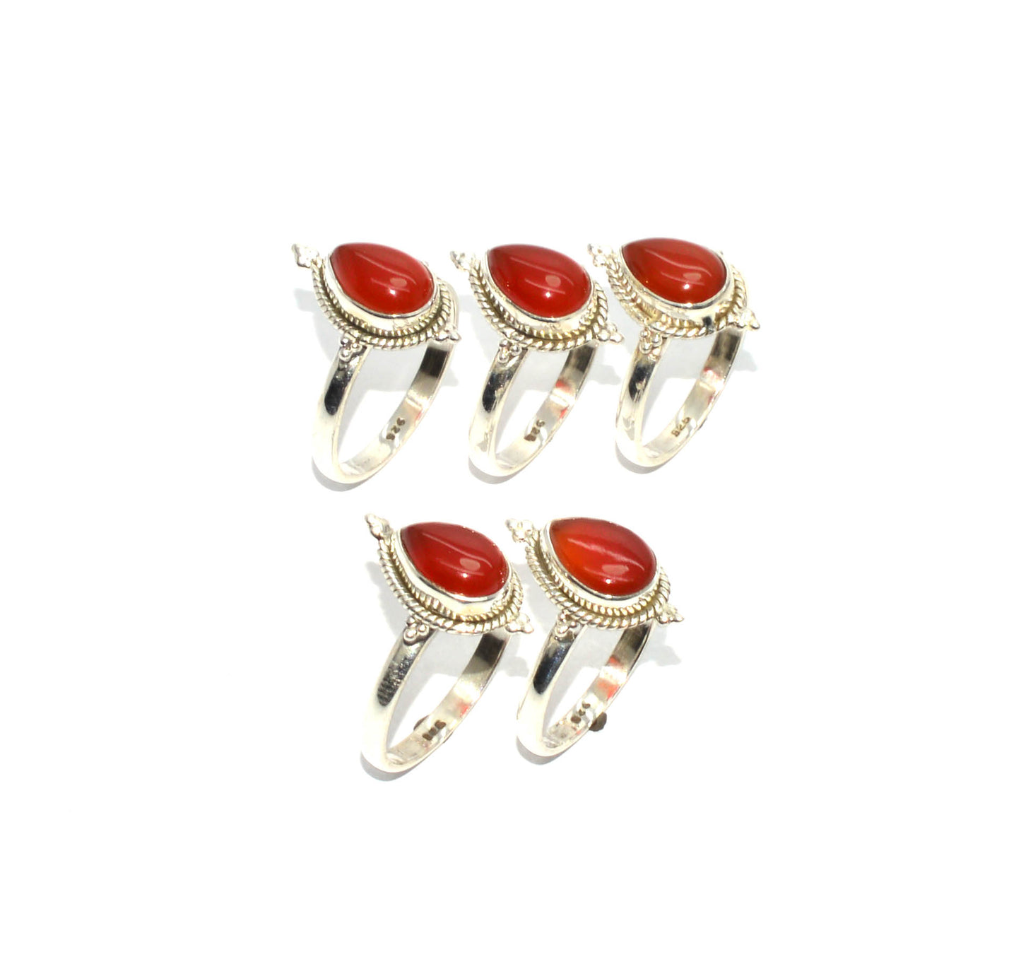 WHOLESALE 925 5PC SOLID STERLING SILVER RED CARNELIAN RING LOT