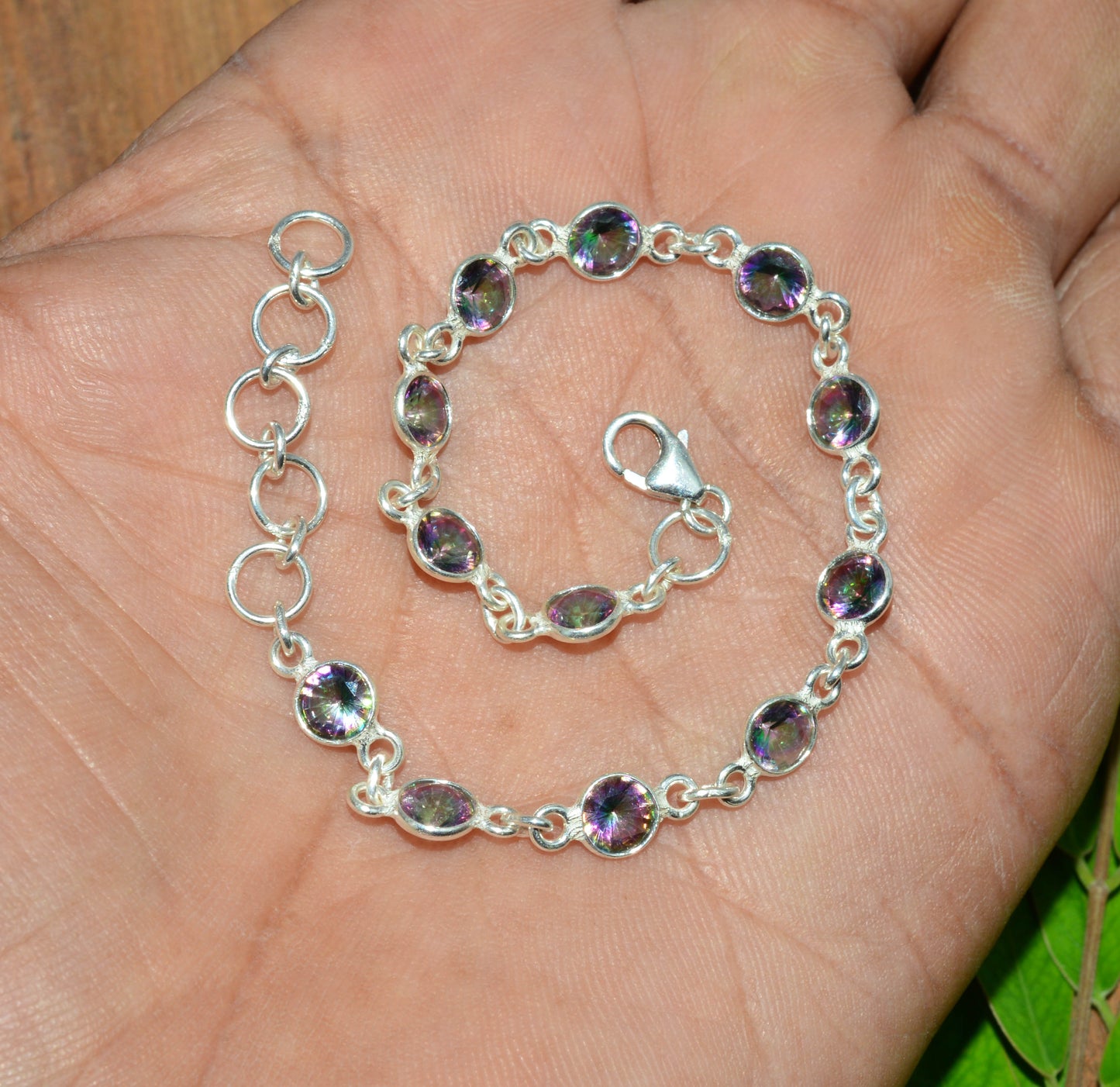 925 SOLID STERLING SILVER MYSTIC TOPAZ HANDMADE BRACELET-7.8 INCH