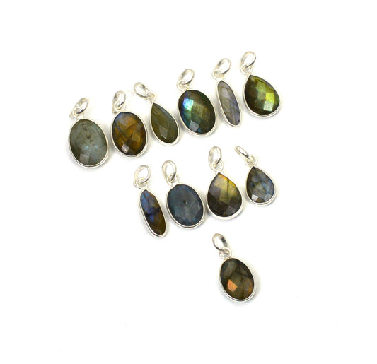 WHOLESALE 11PC 925 SOLID STERLING SILVER FACETED LABRADORITE PENDANT LOT