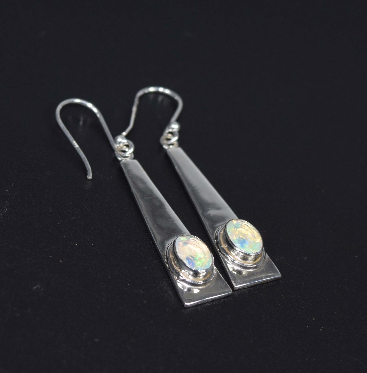 925 Solid Sterling Silver Faceted Natural Ethiopian Opal Long Hook Earring - 5.7 Grams