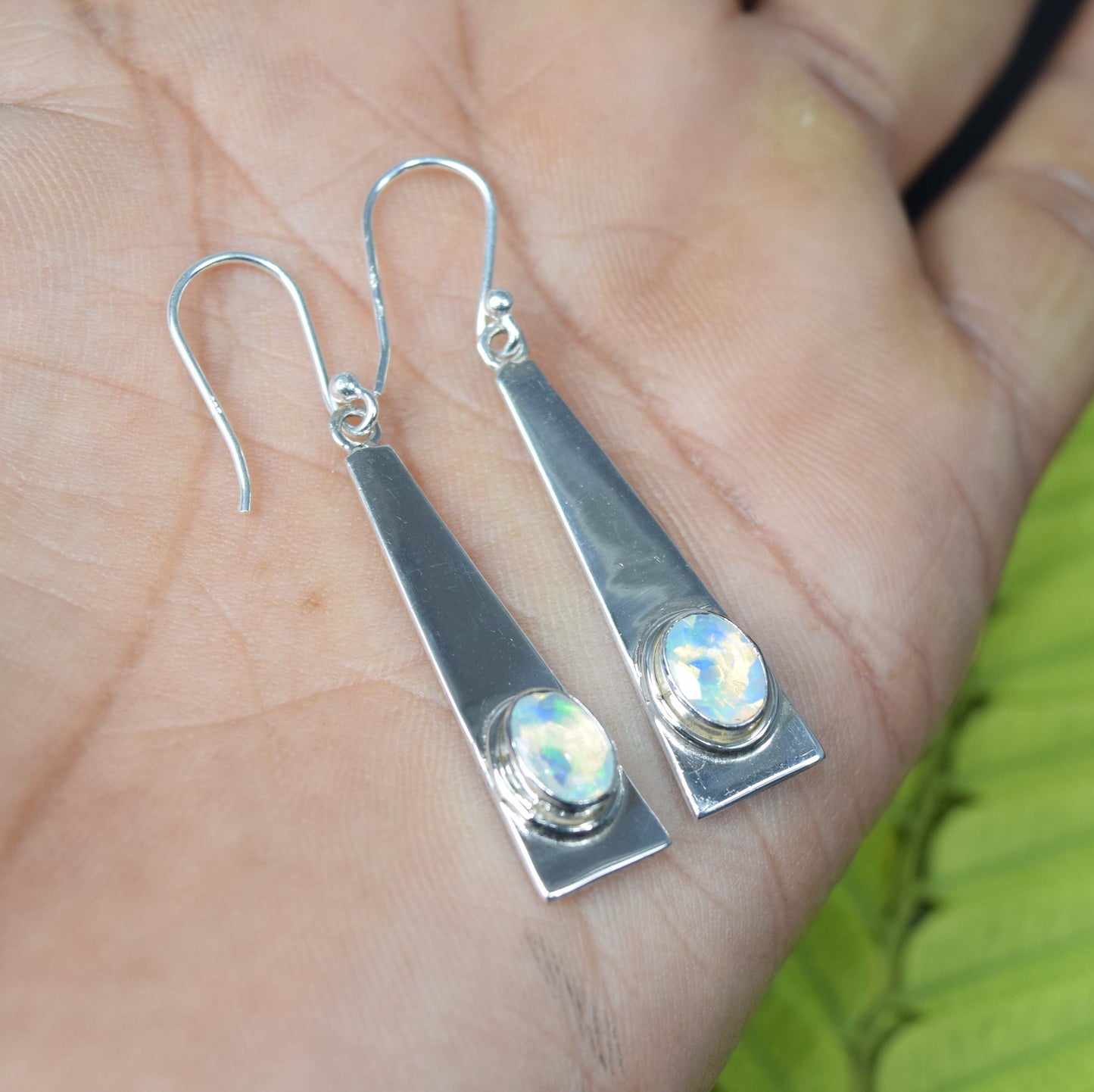 925 Solid Sterling Silver Faceted Natural Ethiopian Opal Long Hook Earring - 5.7 Grams