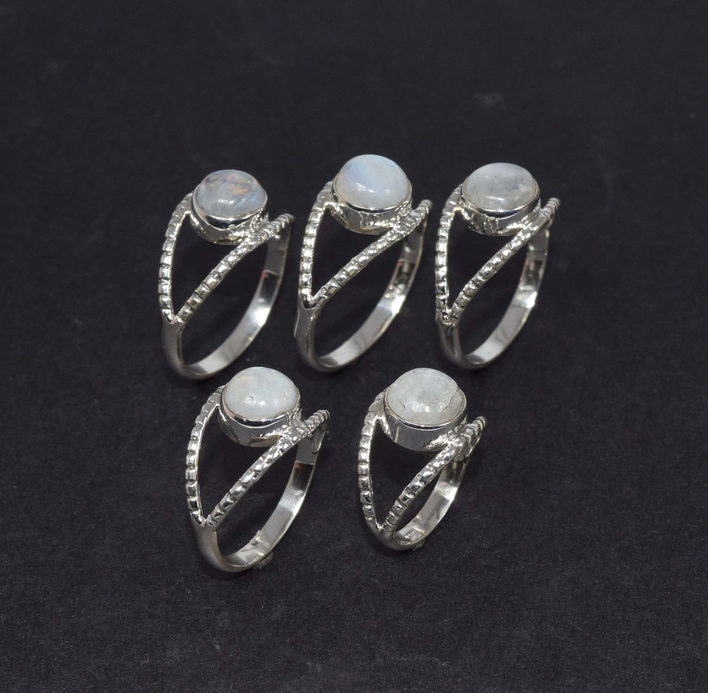 Wholesale 5Pc 925 Solid Sterling Silver White Rainbow Moonstone Ring Lot