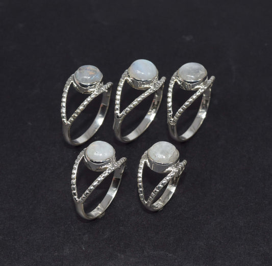 Wholesale 5Pc 925 Solid Sterling Silver White Rainbow Moonstone Ring Lot