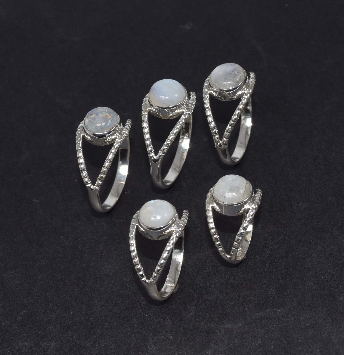Wholesale 5Pc 925 Solid Sterling Silver White Rainbow Moonstone Ring Lot
