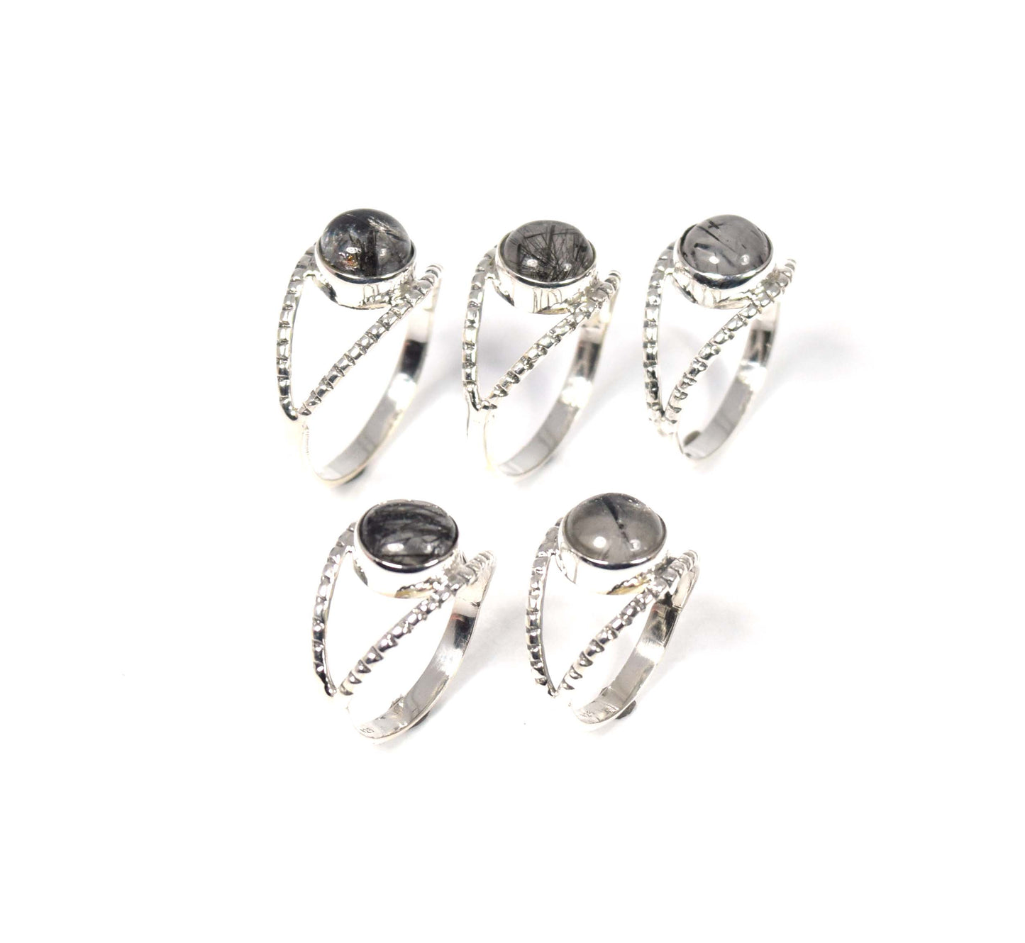 Wholesale 5Pc 925 Solid Sterling Silver Black Rutile Ring Lot