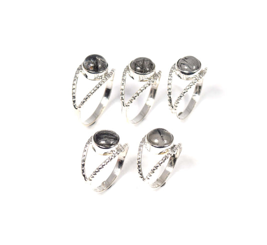 Wholesale 5Pc 925 Solid Sterling Silver Black Rutile Ring Lot