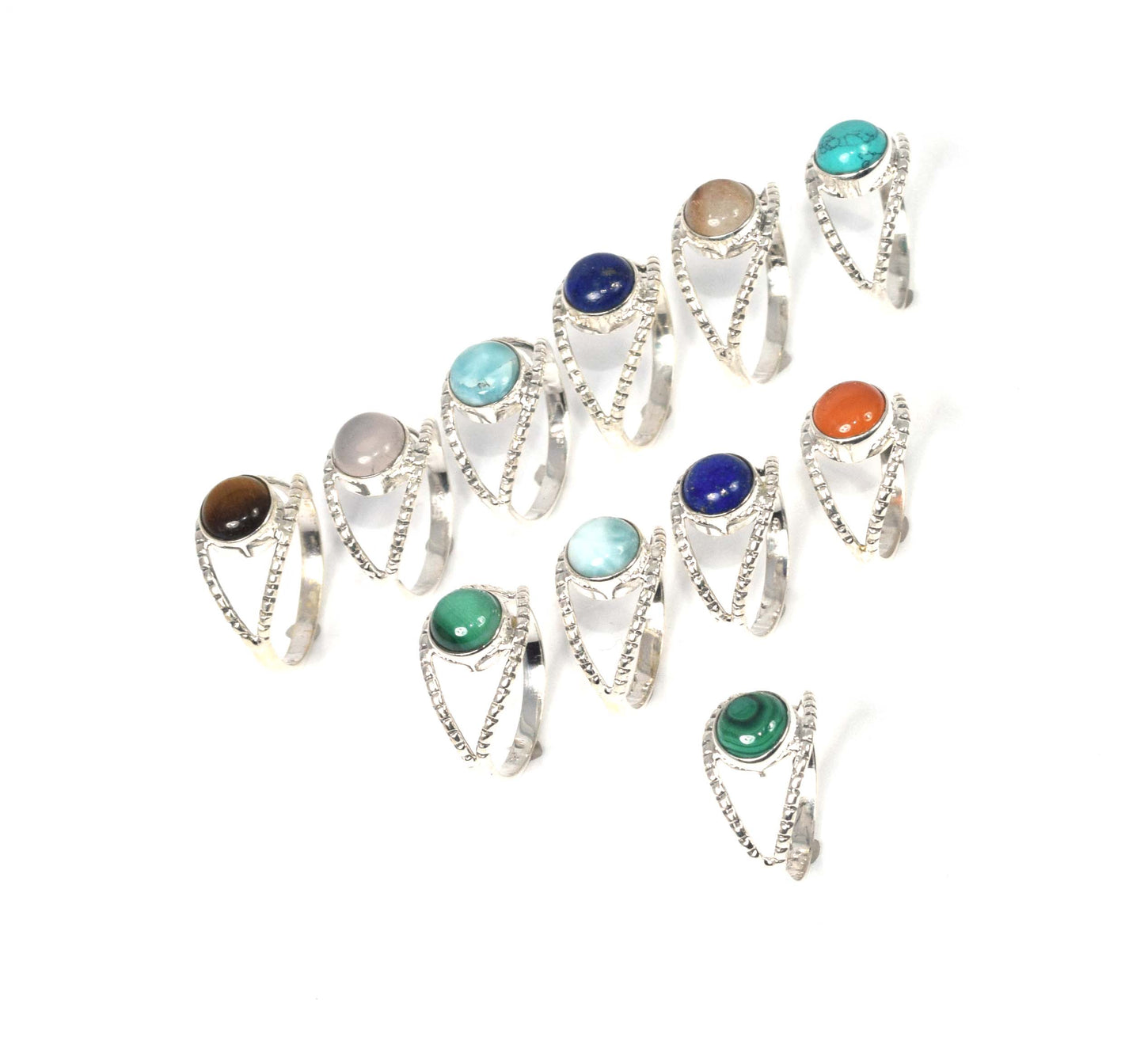 Wholesale 11Pc 925 Solid Sterling Silver Green Malachite Mix Stone Ring Lot