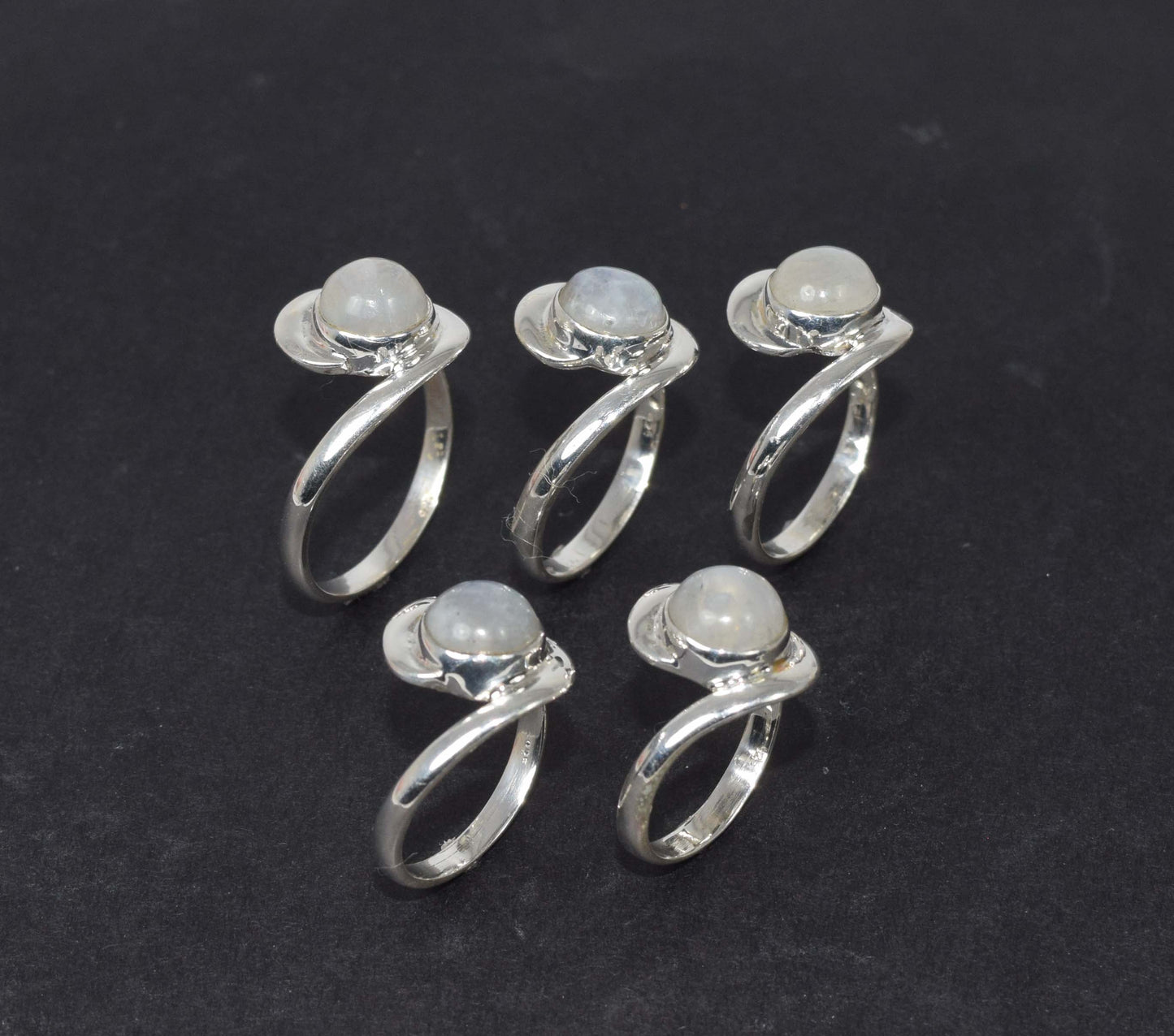 Wholesale 5Pc 925 Solid Sterling Silver White Rainbow Moonstone Ring Lot
