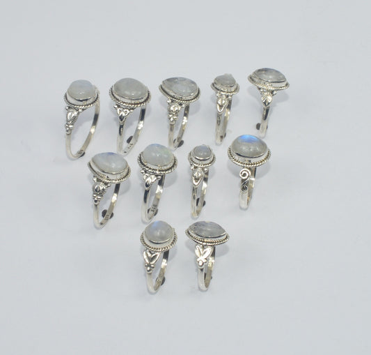 WHOLESALE 11PC925 SOLID STERLING SILVER WHITE RAINBOW MOON STONE RING LOT