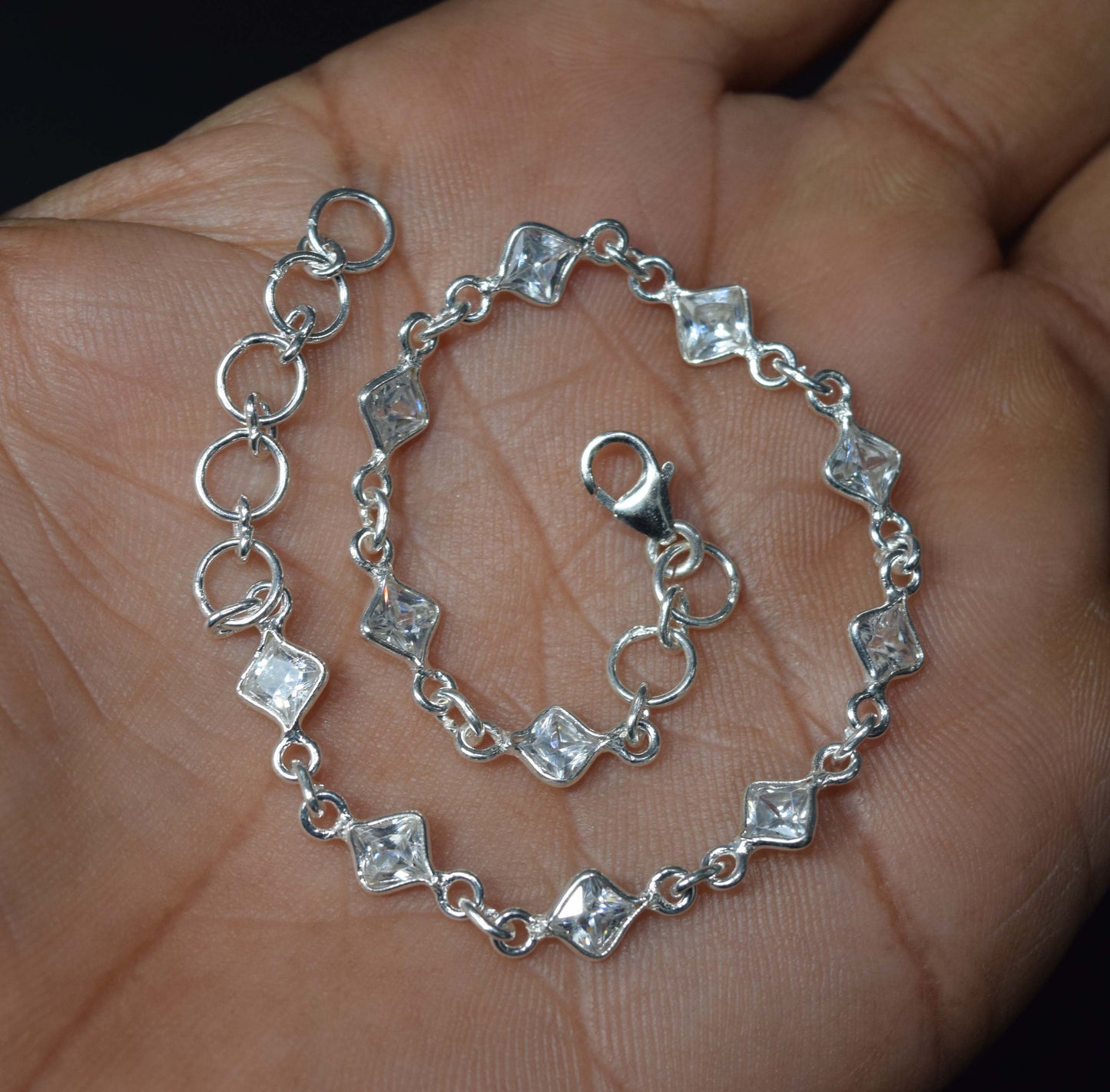 925 Solid Sterling Silver Faceted White Topaz HANDMADE BRACELET-8 Inch
