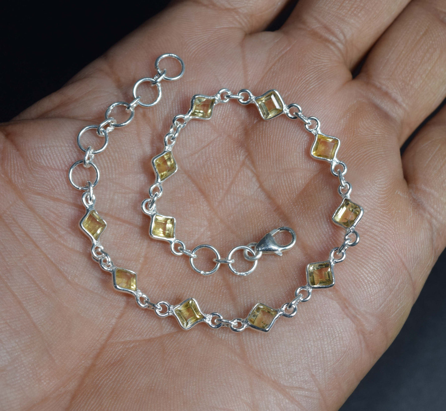 925 Solid Sterling Silver Faceted Yellow Citrine HANDMADE BRACELET-8 Inch