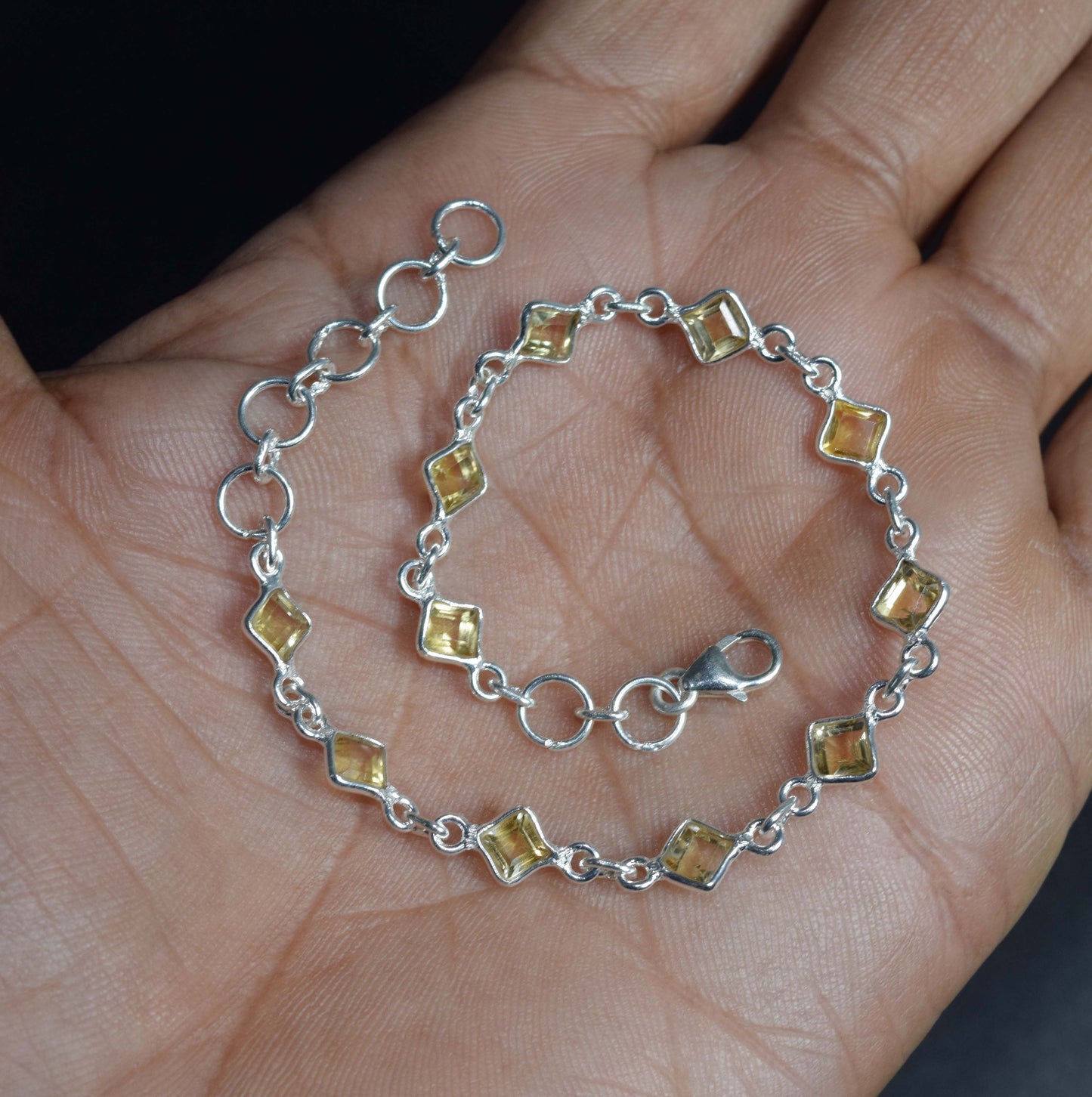 925 Solid Sterling Silver Faceted Yellow Citrine HANDMADE BRACELET-8 Inch