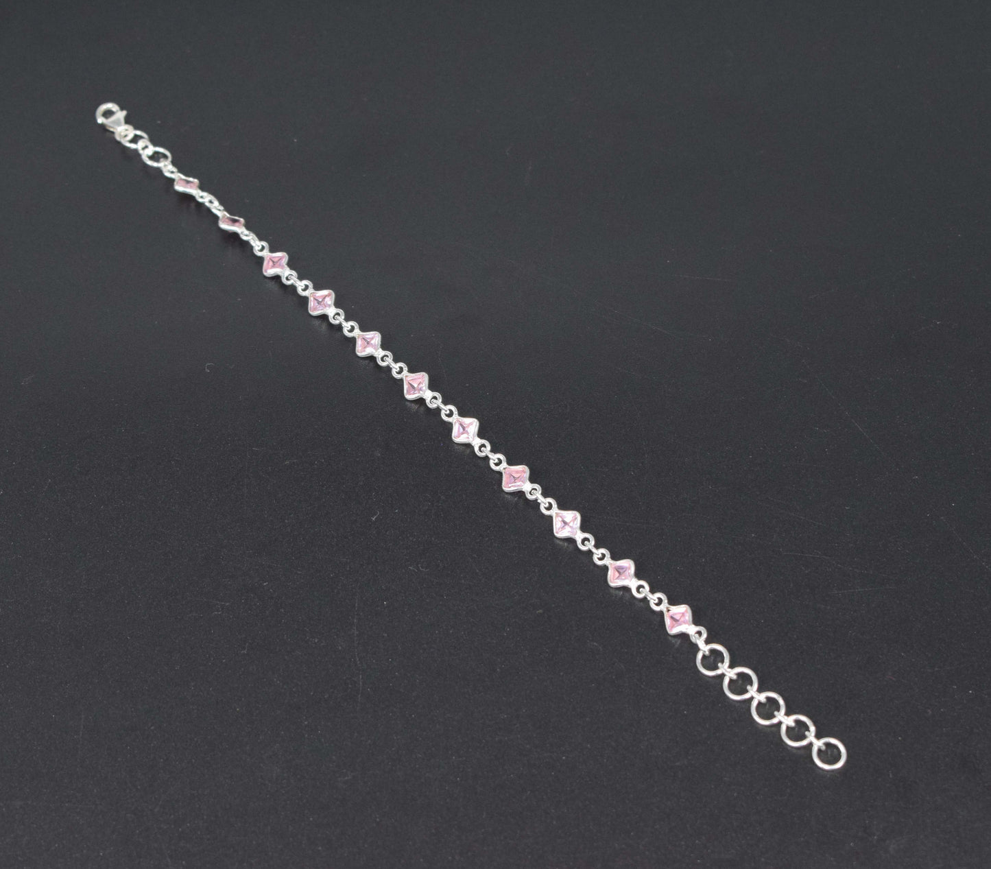 925 Solid Sterling Silver Faceted Pink Topaz HANDMADE BRACELET-8 Inch