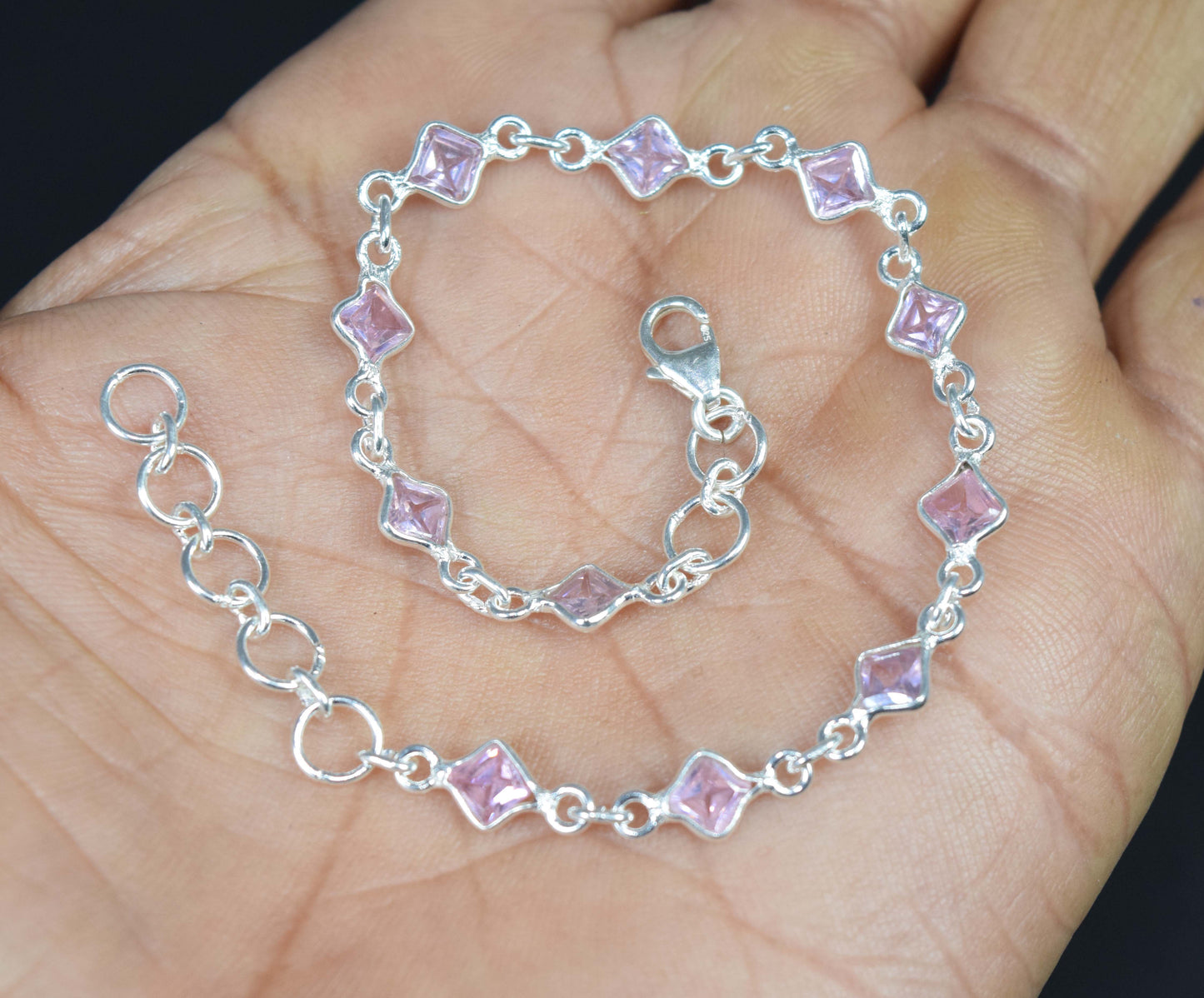 925 Solid Sterling Silver Faceted Pink Topaz HANDMADE BRACELET-8 Inch