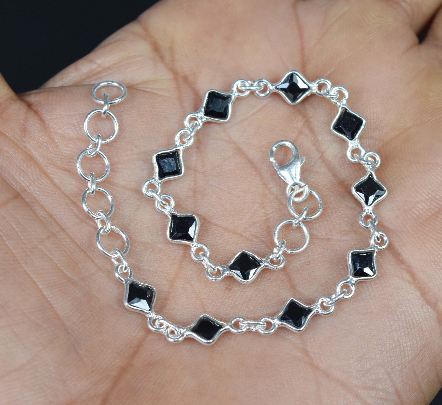 Wholesale 10PC 925 Solid Sterling Silver Faceted Black Onyx Bracelet Lot