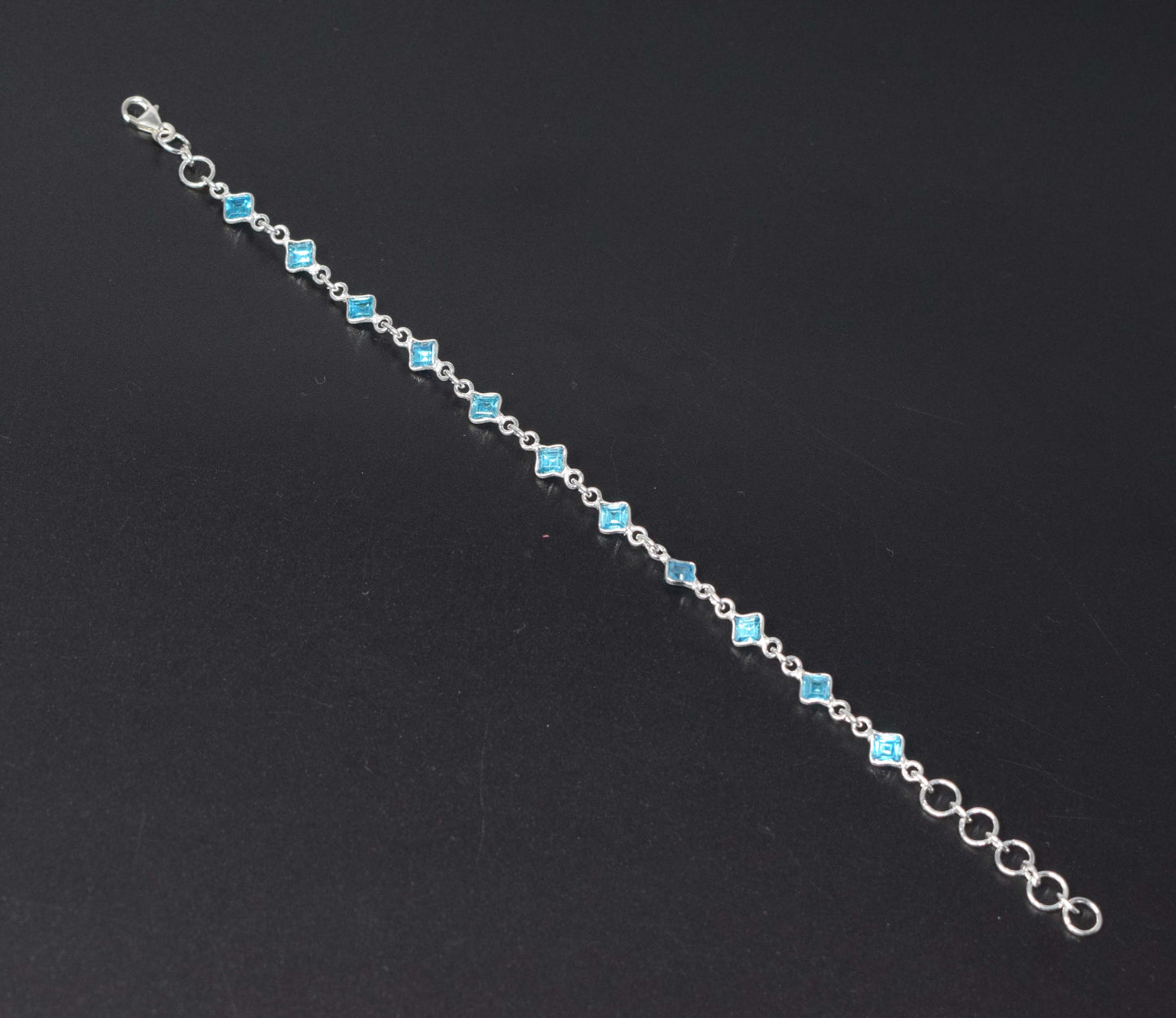 925 Solid Sterling Silver Faceted Blue Topaz HANDMADE BRACELET-8 Inch