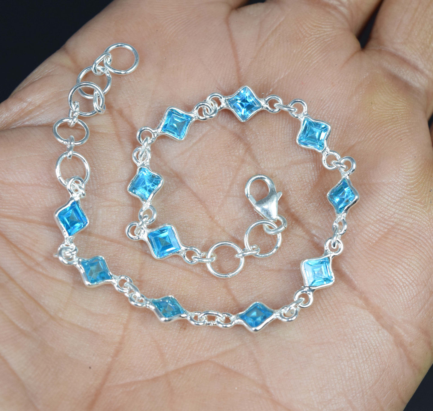925 Solid Sterling Silver Faceted Blue Topaz HANDMADE BRACELET-8 Inch