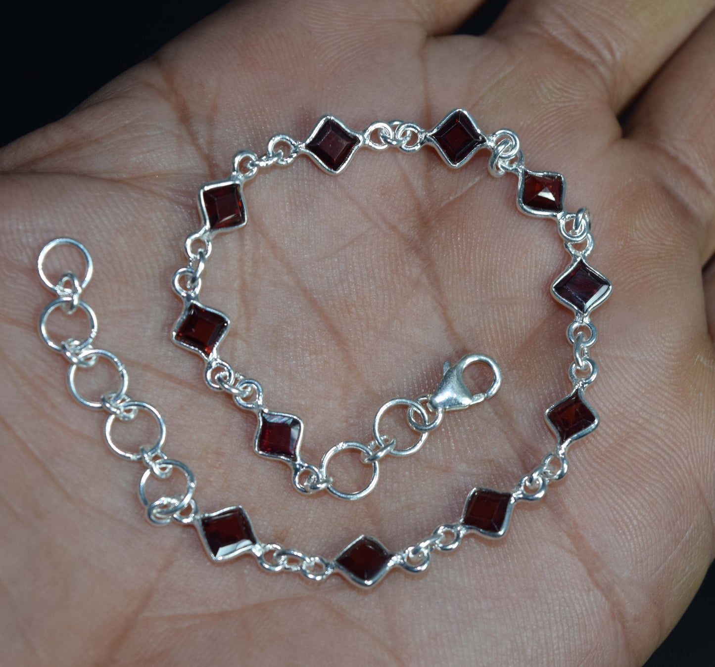 925 Solid Sterling Silver Faceted Red Garnet HANDMADE BRACELET-8 Inch