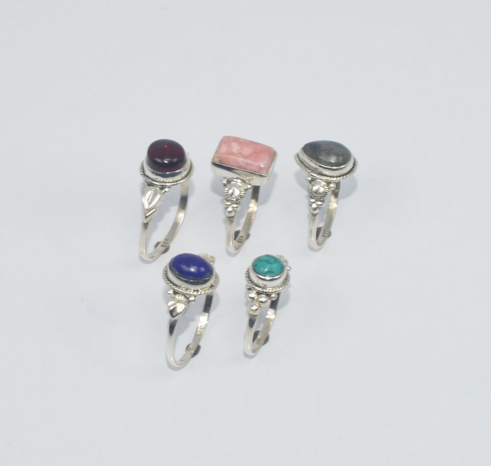 WHOLESALE 5PC 925 SOLID STERLING SILVER LABRADORITE ANDMIX STONE RING LOT