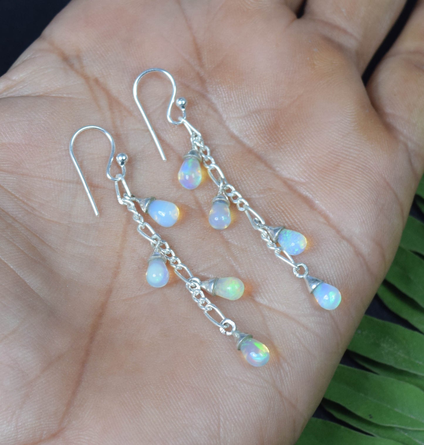 925 Solid Sterling Silver Natural Ethiopian Opal Four Stone Hook Earring - 3 Grams