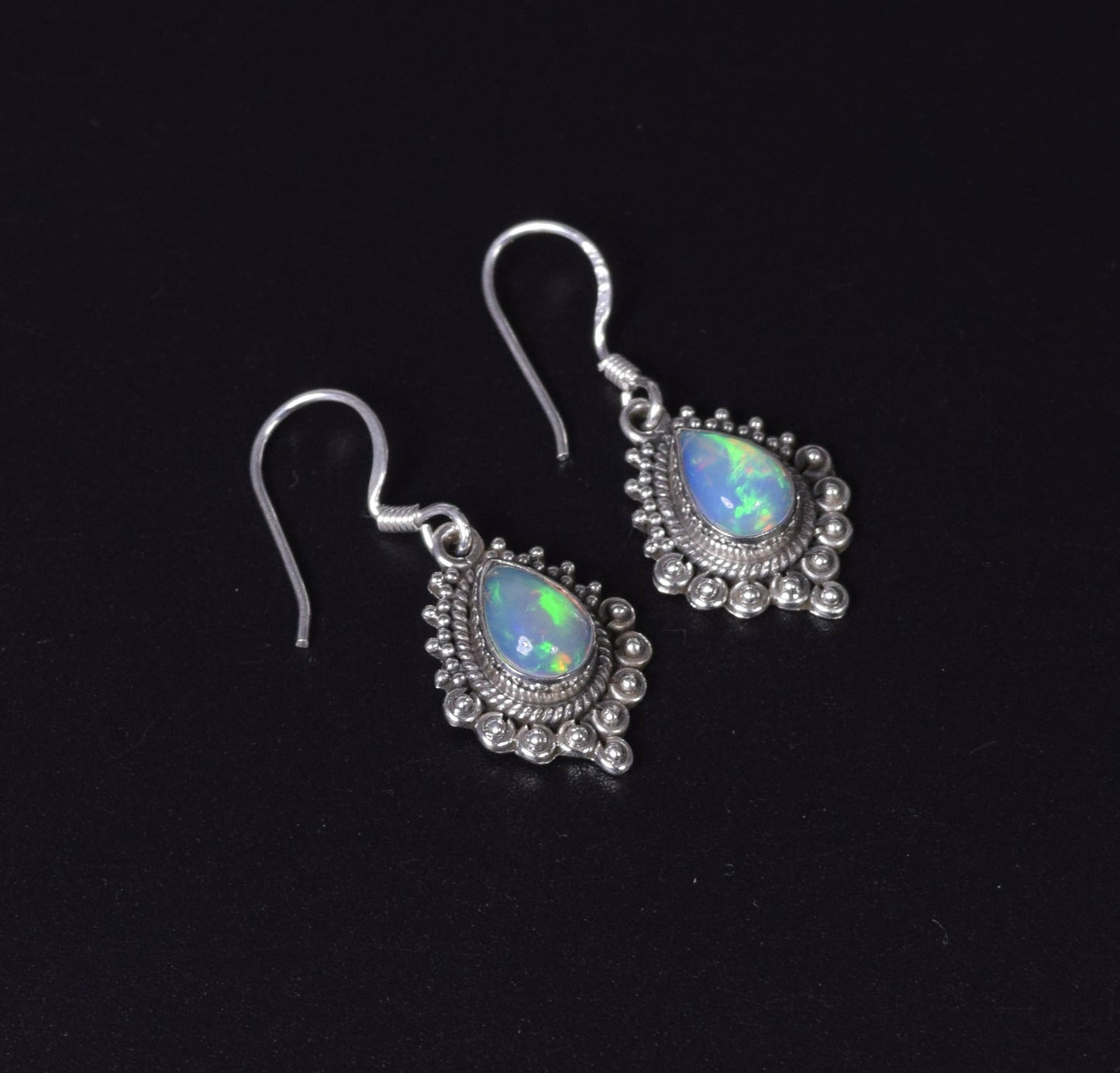 925 Solid Sterling Silver Natural Ethiopian Opal Designer Hook Earring - 4.3 Grams