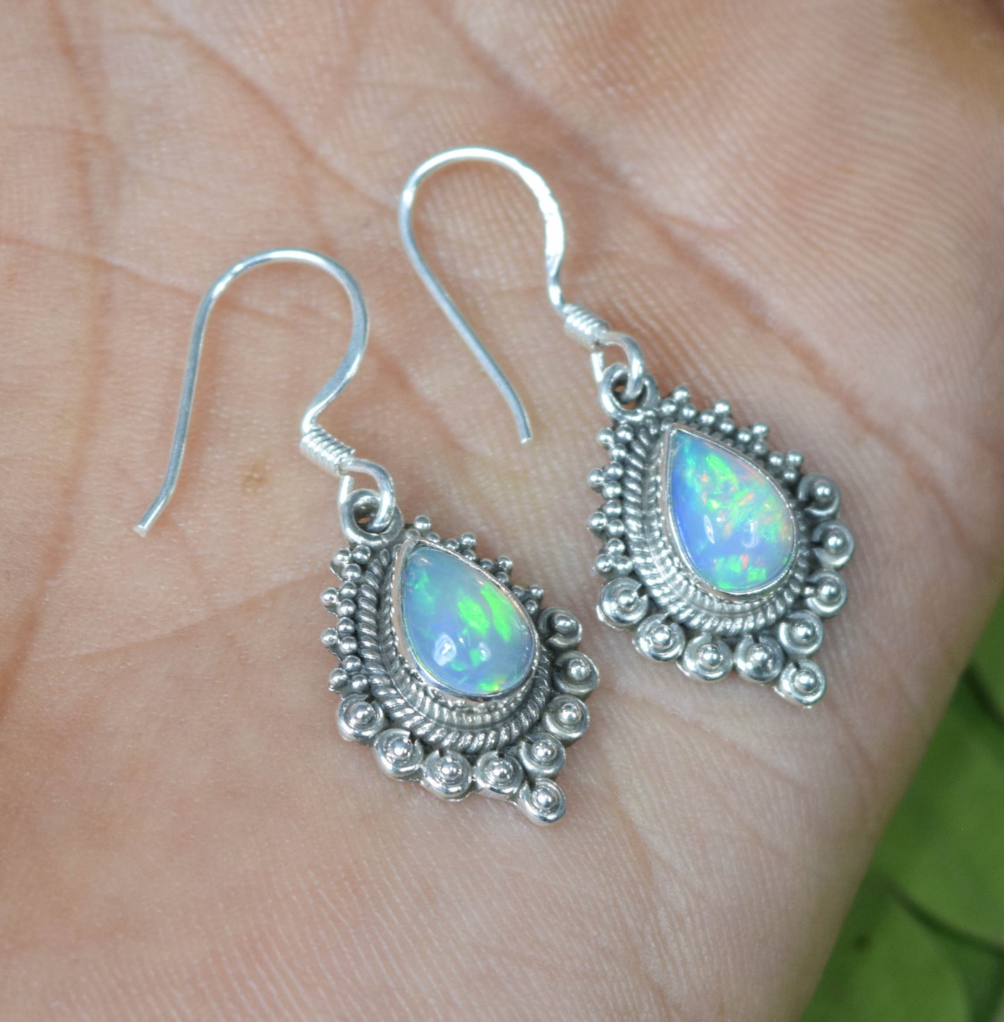 925 Solid Sterling Silver Natural Ethiopian Opal Designer Hook Earring - 4.3 Grams