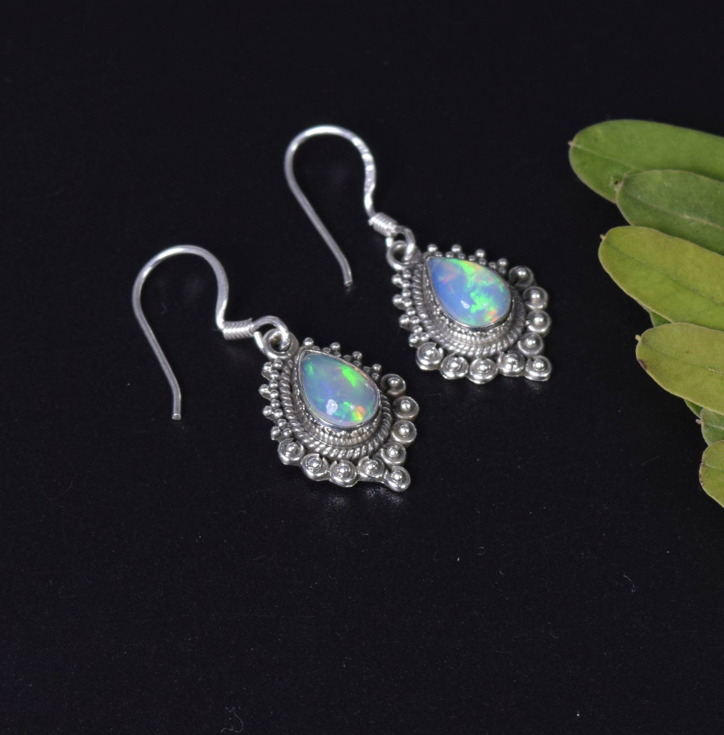 925 Solid Sterling Silver Natural Ethiopian Opal Designer Hook Earring - 4.3 Grams