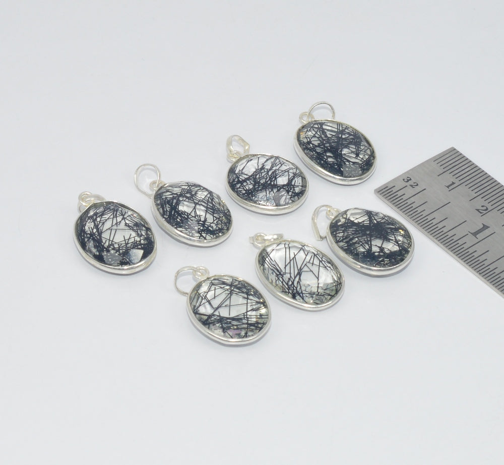 WHOLESALE 7PC 925 SOLID STERLING SILVER BLACK RUTILE  PENDANT LOT