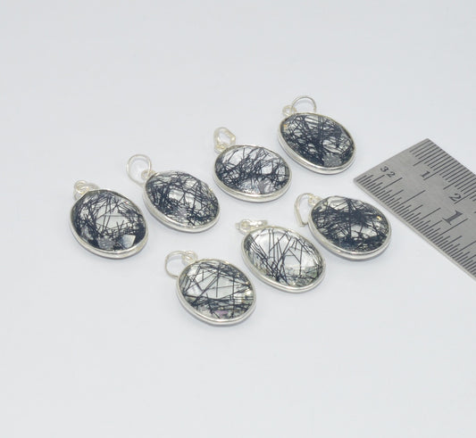 WHOLESALE 7PC 925 SOLID STERLING SILVER BLACK RUTILE  PENDANT LOT