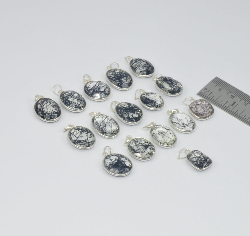 WHOLESALE 16PC 925 SOLID STERLING SILVER BLACK RUTILE  PENDANTLOT