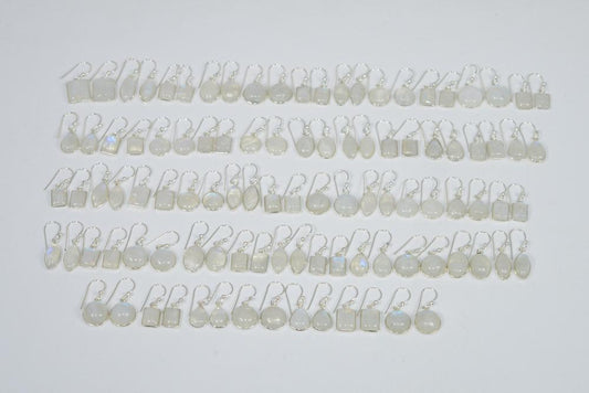WHOLESALE 51PR 925 SOLID STERLING SILVER WHITE RAINBOW MOONSTONE EARRING LOT
