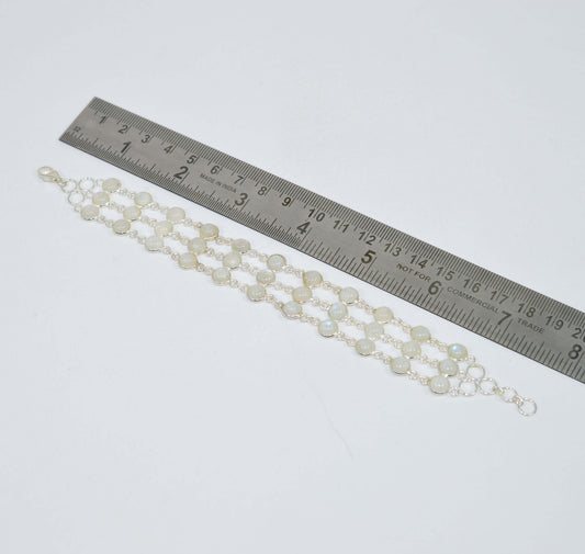925 SOLID STERLING SILVER WHITE RAINBOW MOONSTONE HANDMADE BRACELET- 7.5 INCH