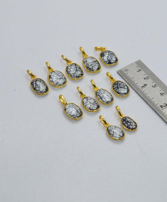 WHOLESALE 11PC 925 SOLID STERLING 24CT GOLD OVERLAY BLACK RUTILE PENDANT LOT