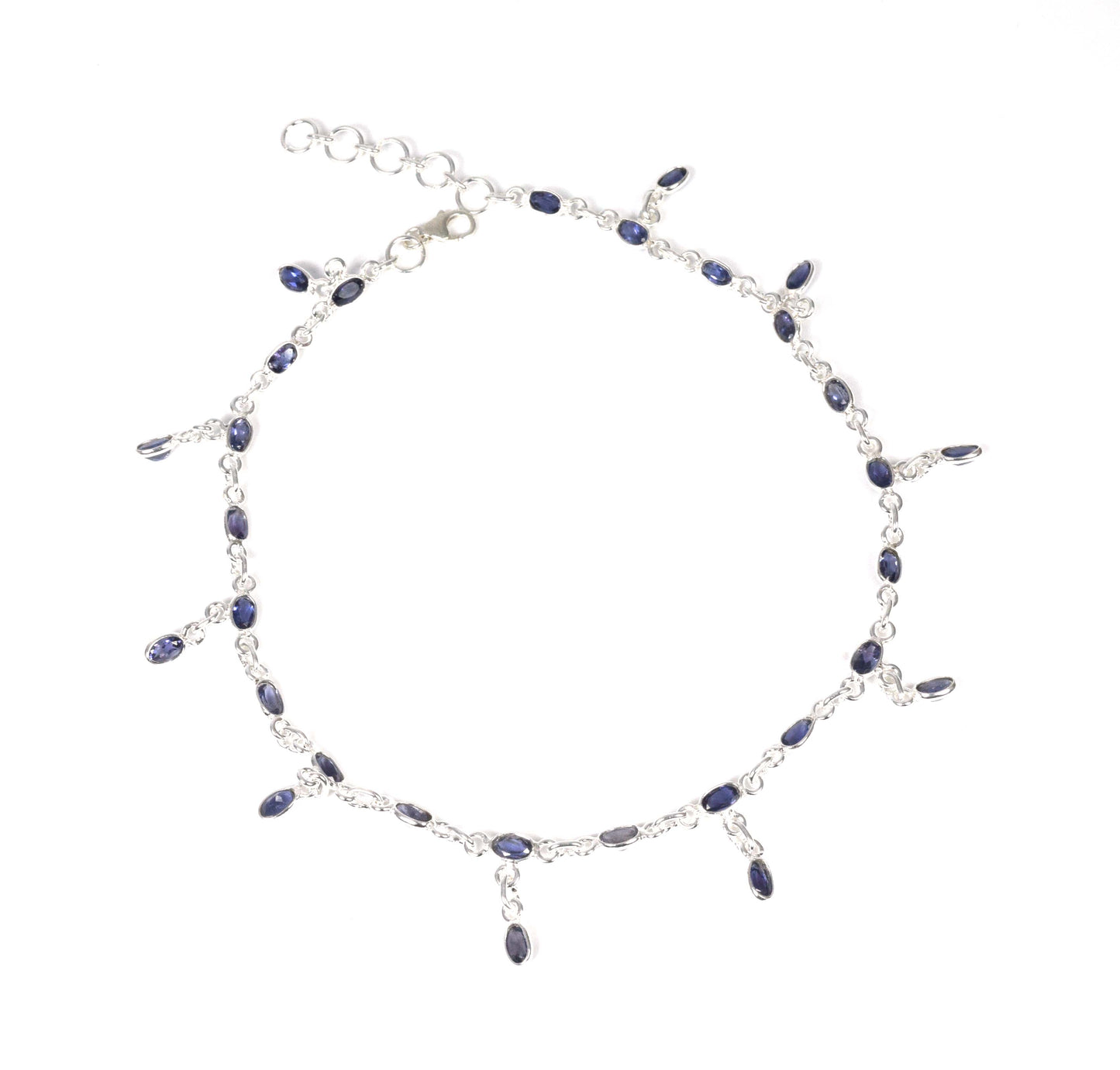 925 Solid Sterling Silver Faceted Gemstone Adjustable Anklet - 9 Grams