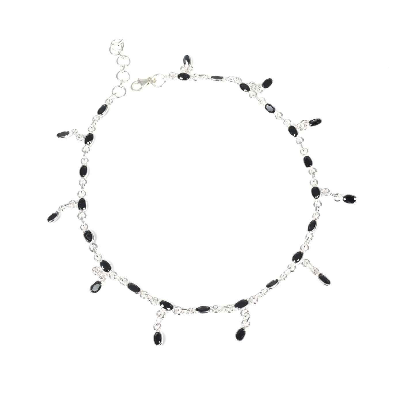 925 Solid Sterling Silver Faceted Gemstone Adjustable Anklet - 9 Grams