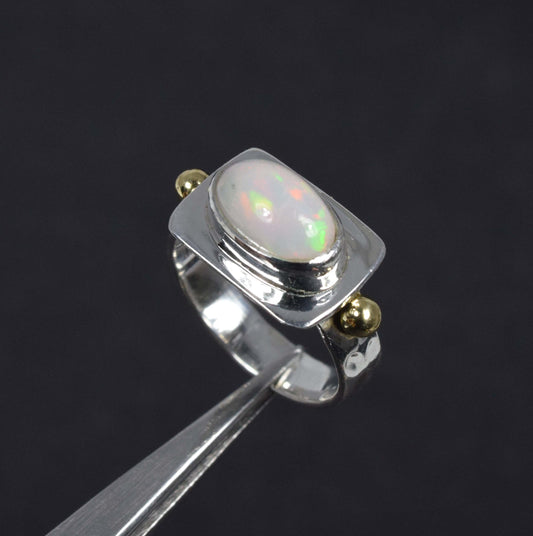 925 Solid Sterling Silver Natural Ethiopian Opal Two Tone Ring - 4.8 Grams