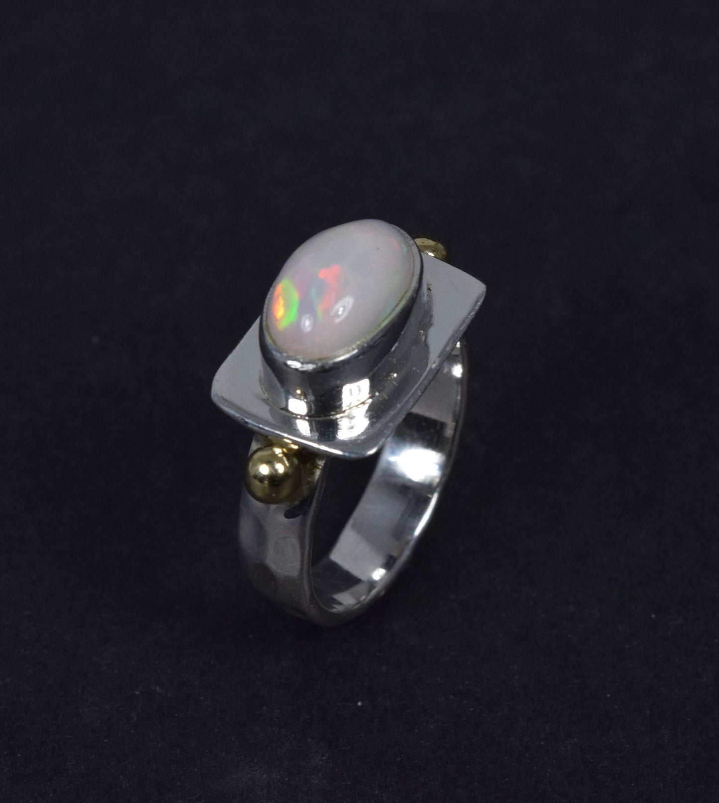 925 Solid Sterling Silver Natural Ethiopian Opal Two Tone Ring - 4.8 Grams