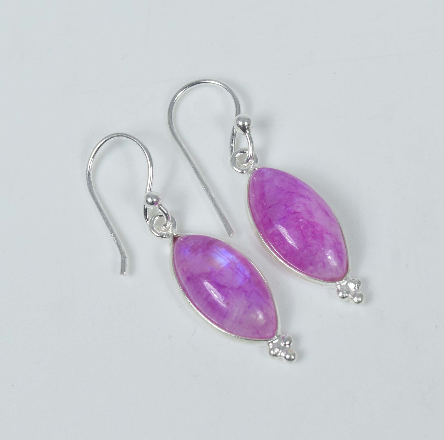 925 Solid Sterling Silver Pink Rainbow Moonstone Hook Earring-1.3 Inch