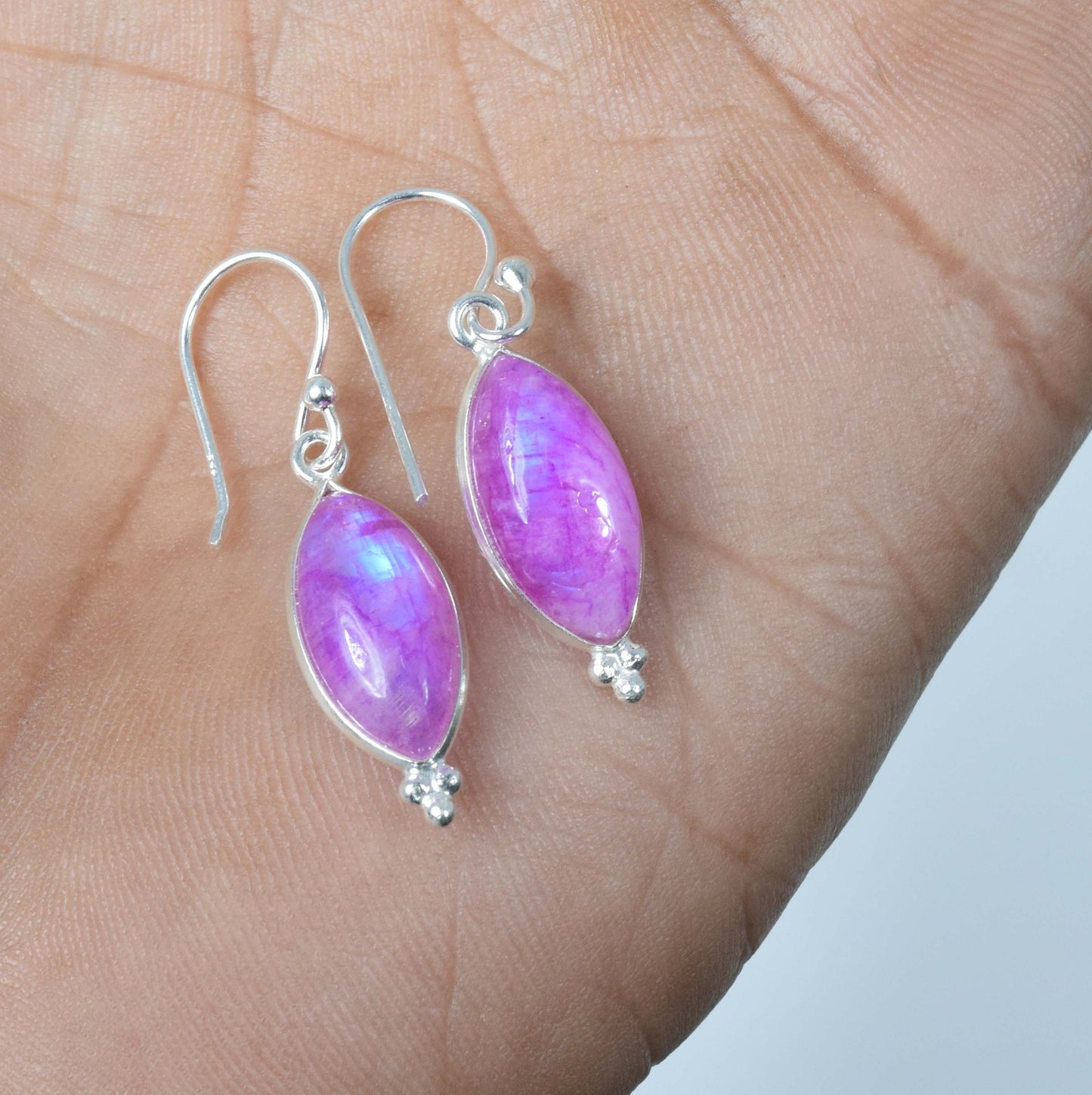 925 Solid Sterling Silver Pink Rainbow Moonstone Hook Earring-1.3 Inch