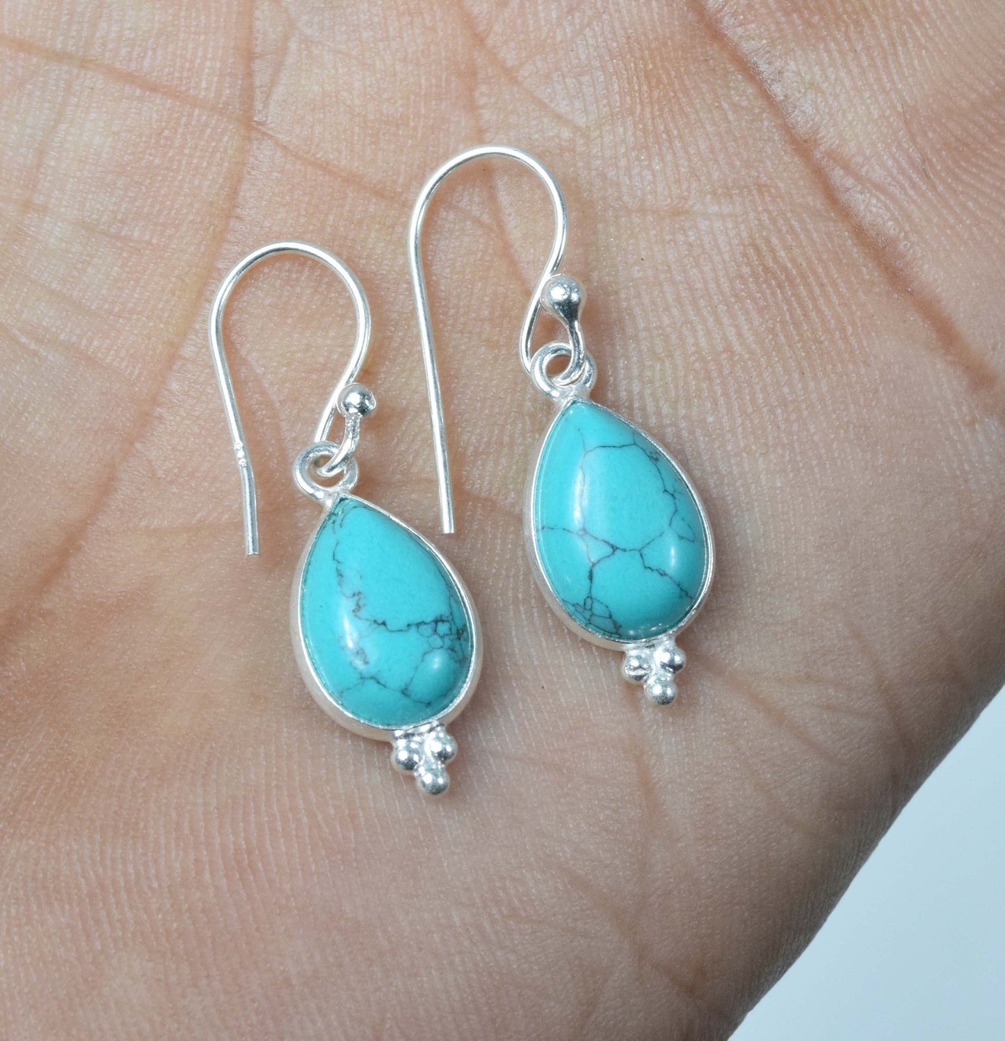 925 Solid Sterling Silver Blue Turquoise Hook Earring-1.2 Inch