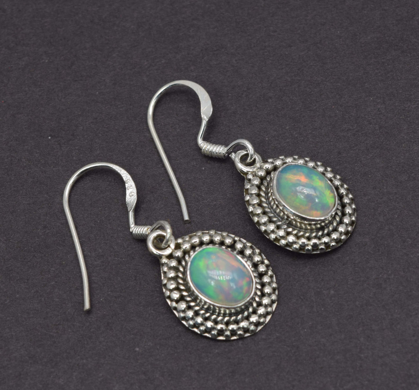 925 Solid Sterling Silver Natural Ethiopian Opal Hook Earring - 4 Grams