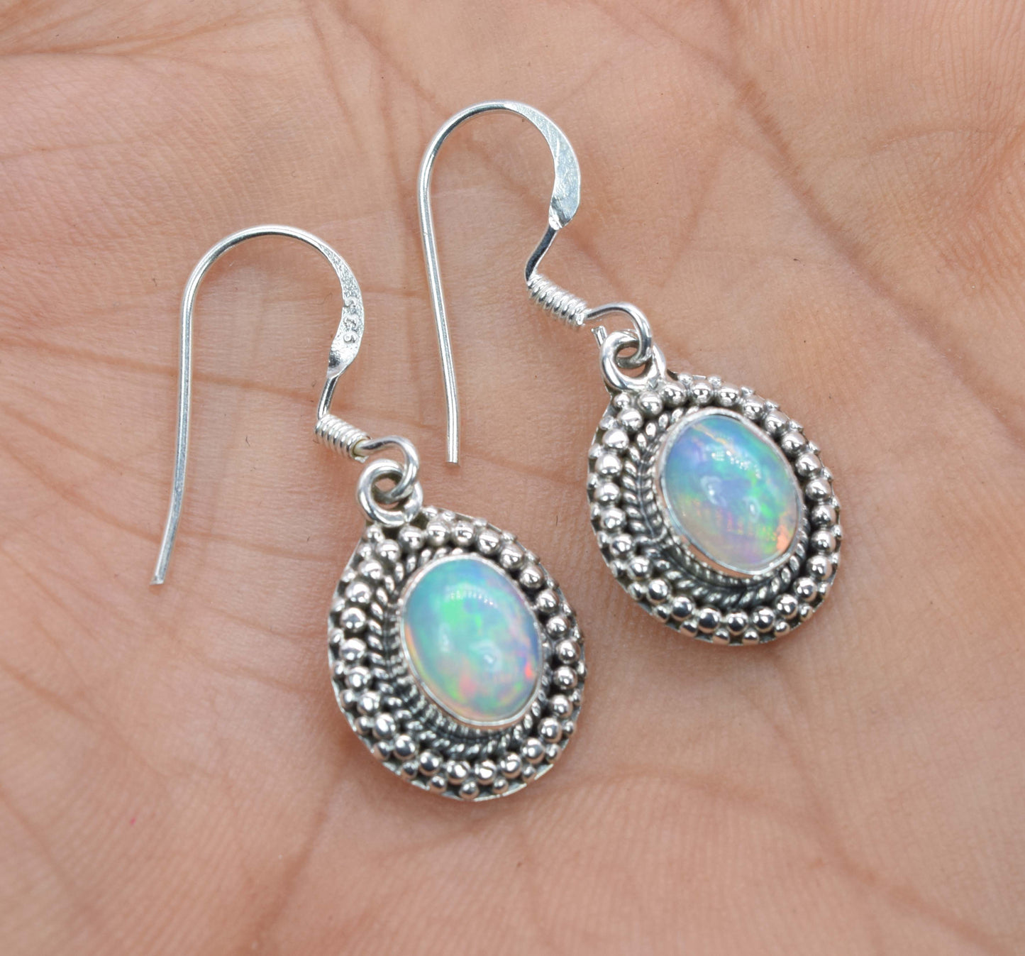 925 Solid Sterling Silver Natural Ethiopian Opal Hook Earring - 4 Grams