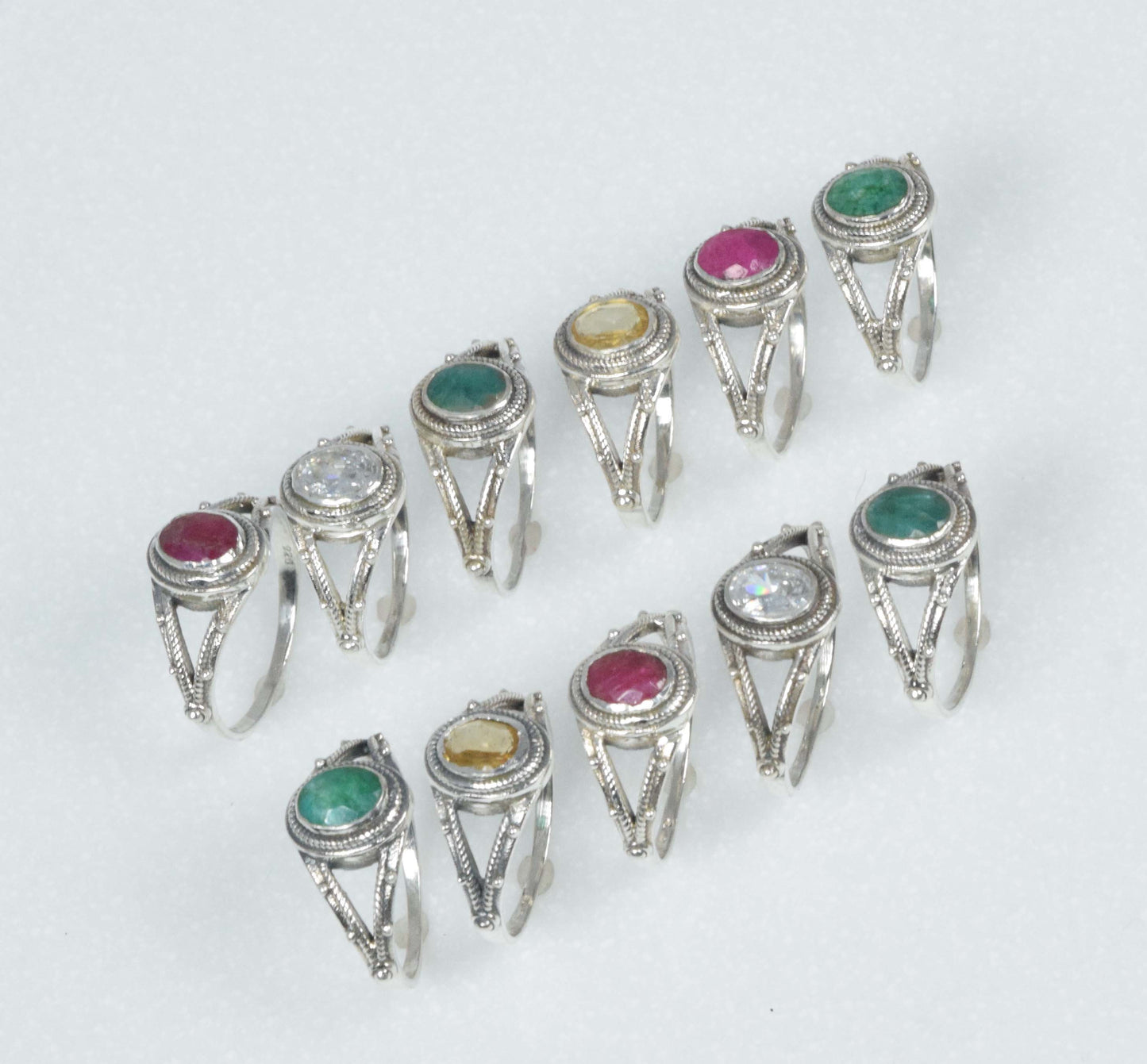 Wholesale 11PC 925 Solid Sterling Silver Simulated Ruby Emerald Ring Lot