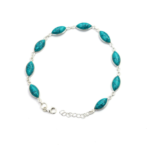 925 SOLID STERLING SILVER BLUE TURQUOISE HANDMADE BRACELET- 9 INCH