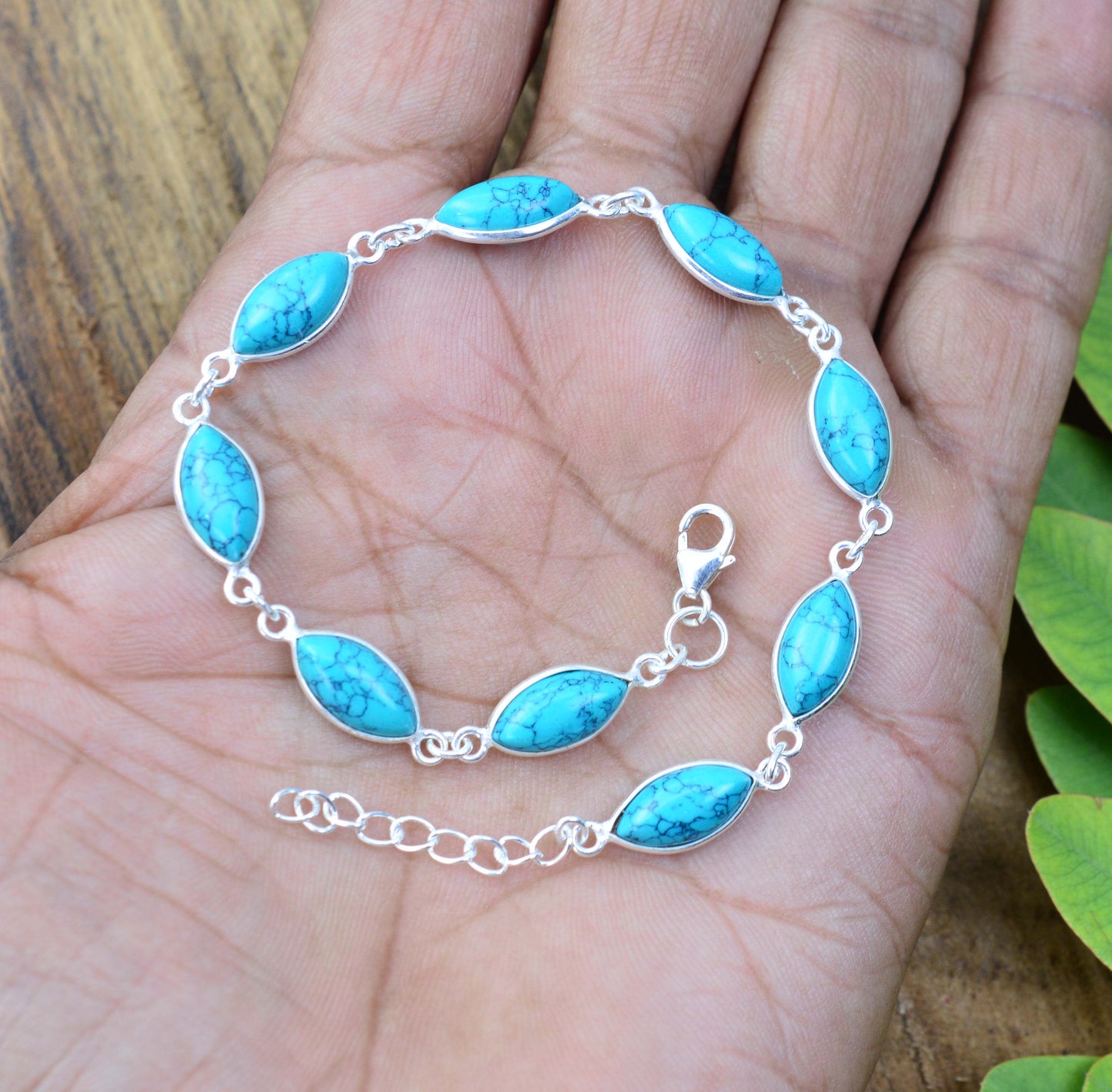 925 SOLID STERLING SILVER BLUE TURQUOISE HANDMADE BRACELET- 9 INCH