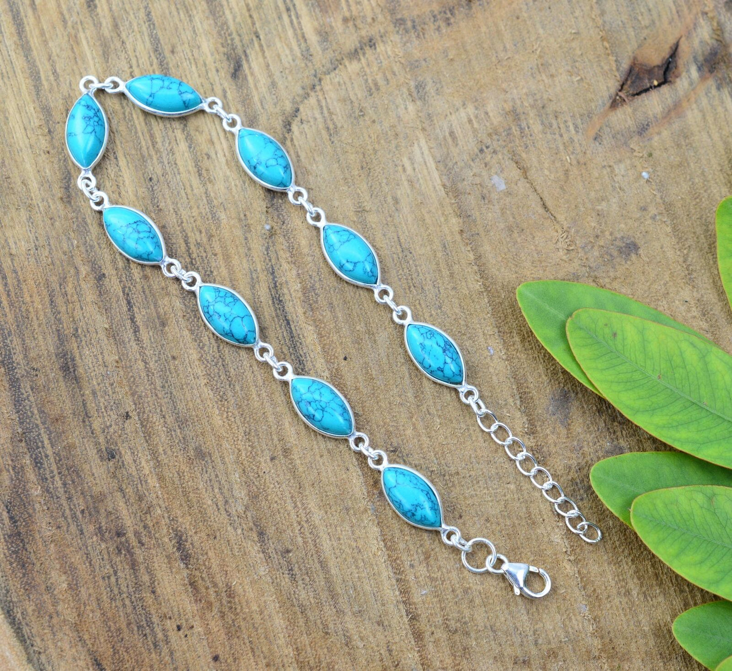 925 SOLID STERLING SILVER BLUE TURQUOISE HANDMADE BRACELET- 9 INCH