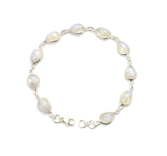 925 SOLID STERLING SILVER WHITE RAINBOW MOONSTONE HANDMADE BRACELET -8 INCH