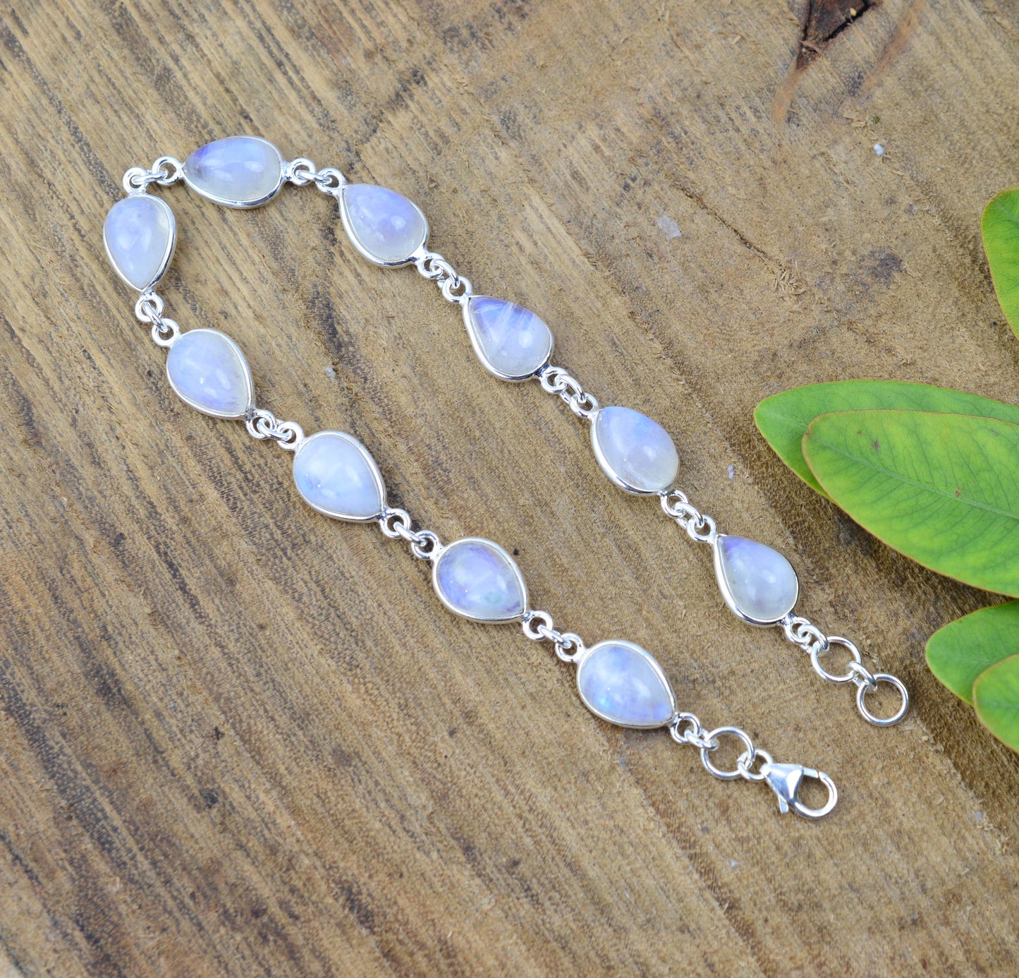 925 SOLID STERLING SILVER WHITE RAINBOW MOONSTONE HANDMADE BRACELET -8 INCH