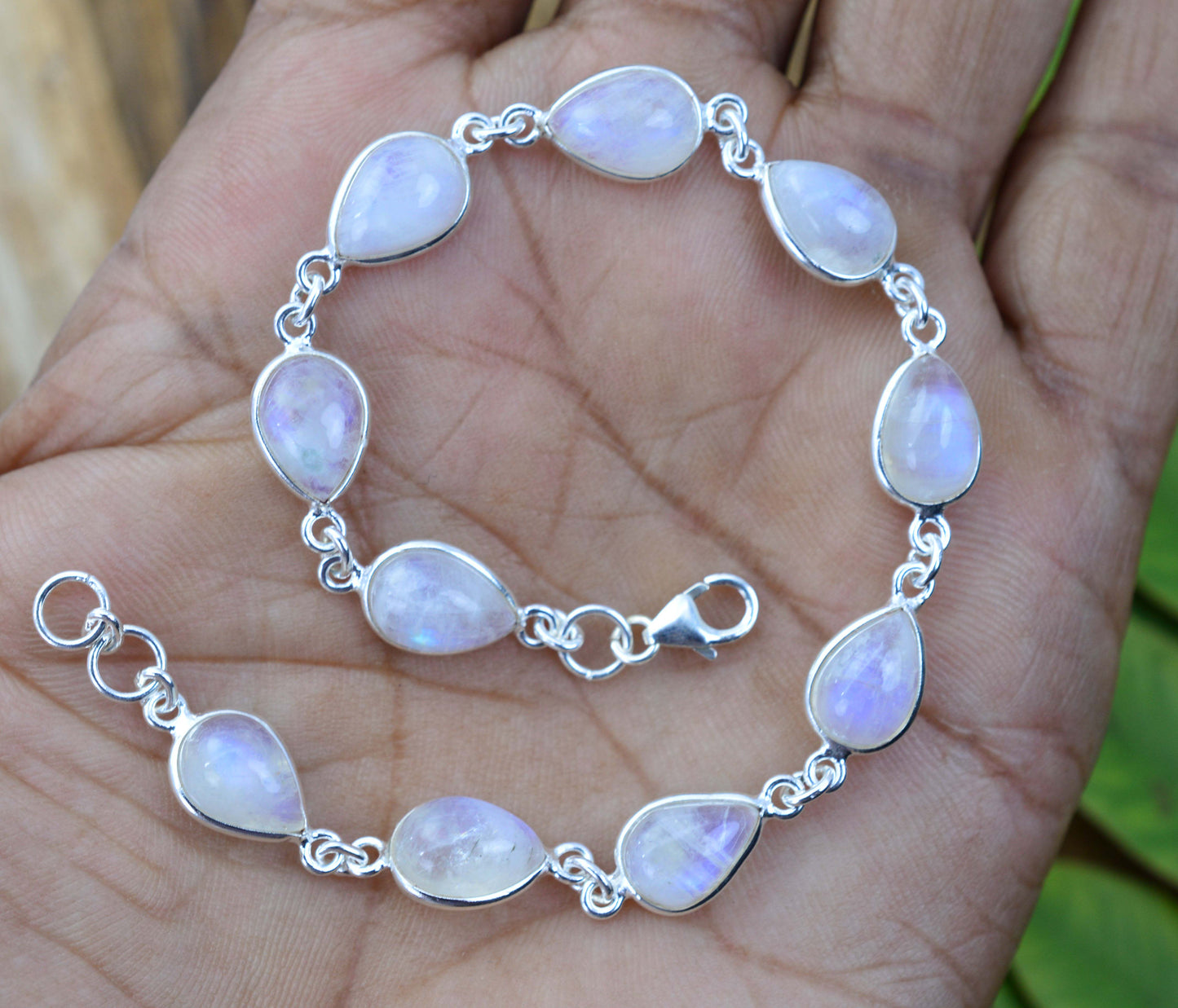 925 SOLID STERLING SILVER WHITE RAINBOW MOONSTONE HANDMADE BRACELET -8 INCH